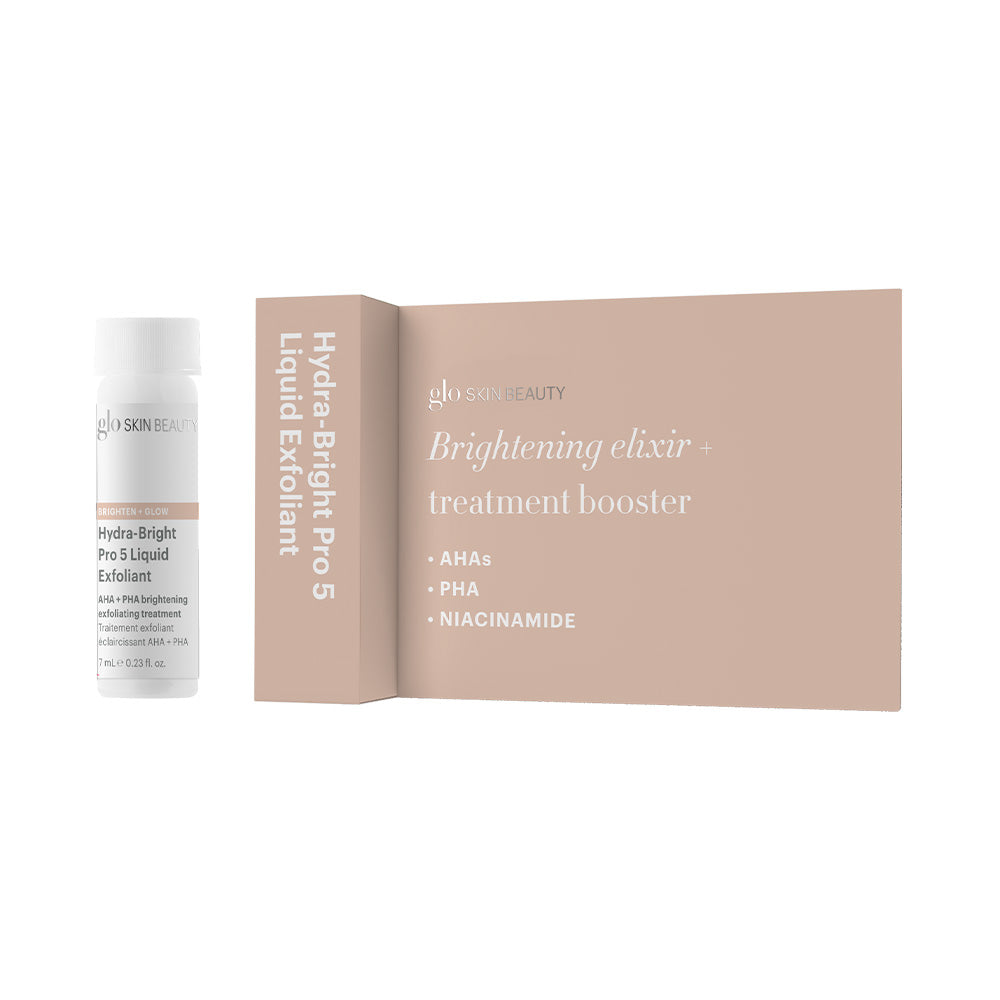 Front view of Hydra-Bright Pro 5 Liquid Exfoliant vial and box showing 'Brightening elixir + treatment booster' on white background