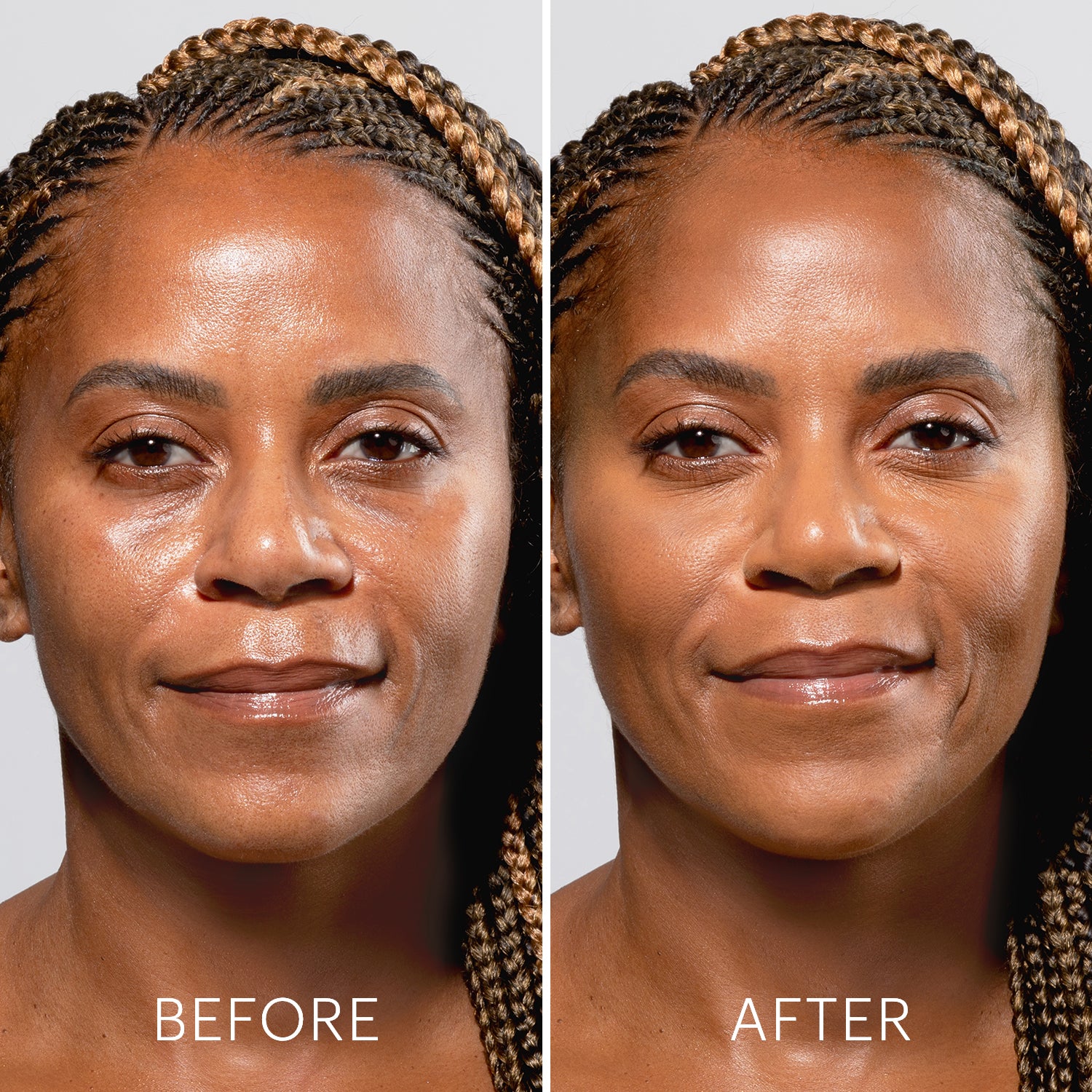 Model's face before and after applying Luminous Liquid Foundation showing reduced shine and more even skin tone