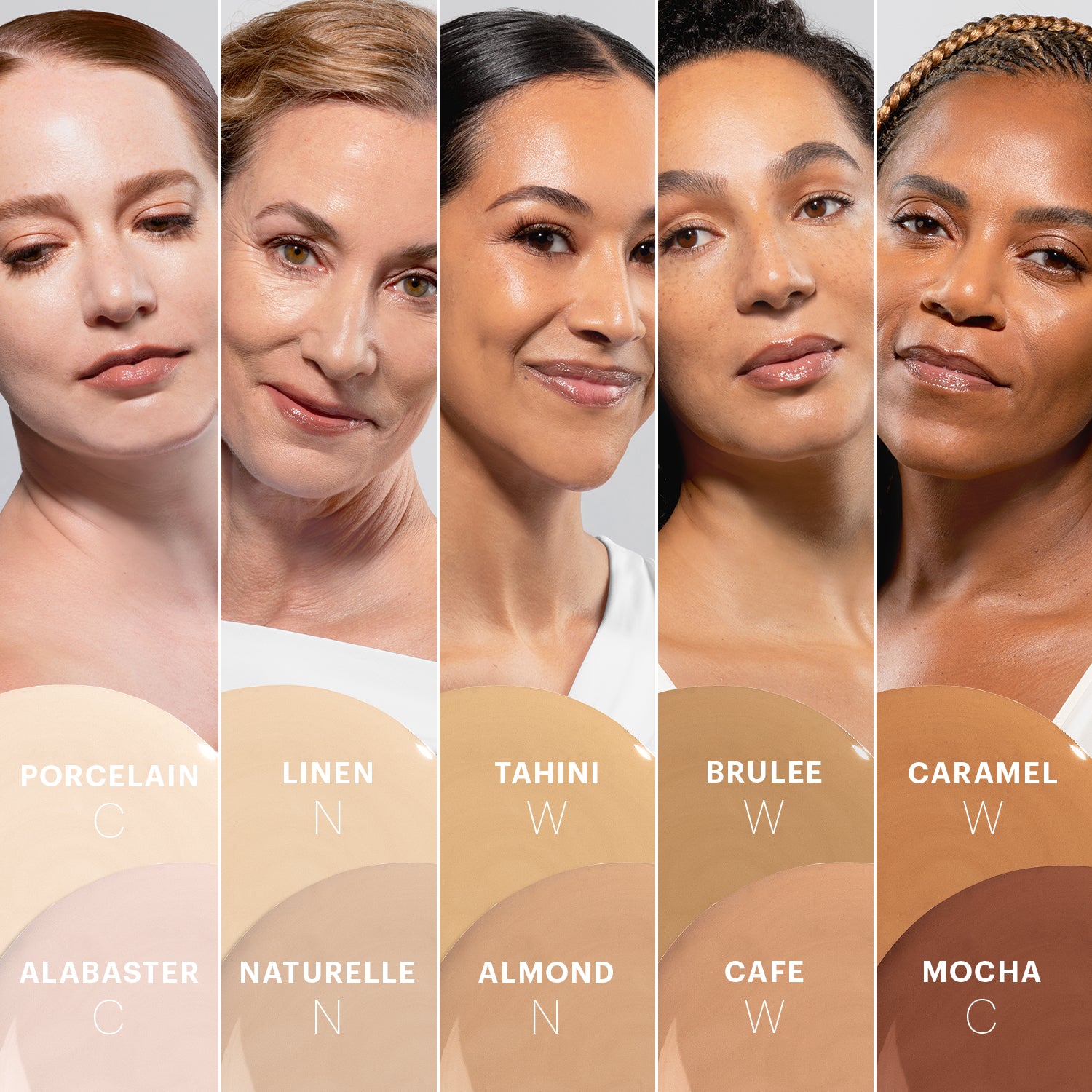 Close-up of five models wearing Luminous Liquid Foundation showcasing shade range with labeled swatches from Porcelain to Mocha
