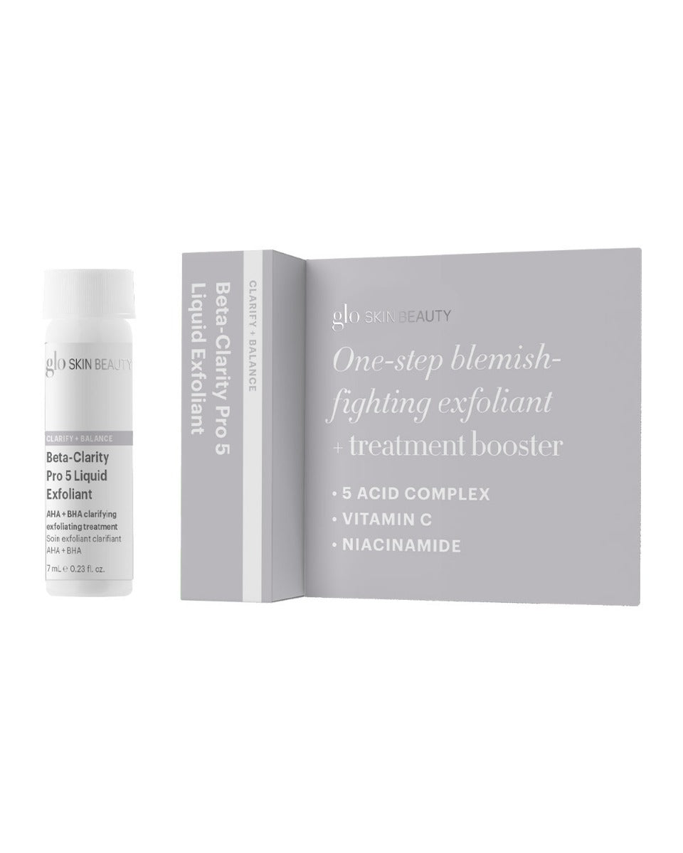 Front of Beta-Clarity Pro 5 Liquid Exfoliant bottle and box showing headline 'One-step blemish-fighting exfoliant and booster'