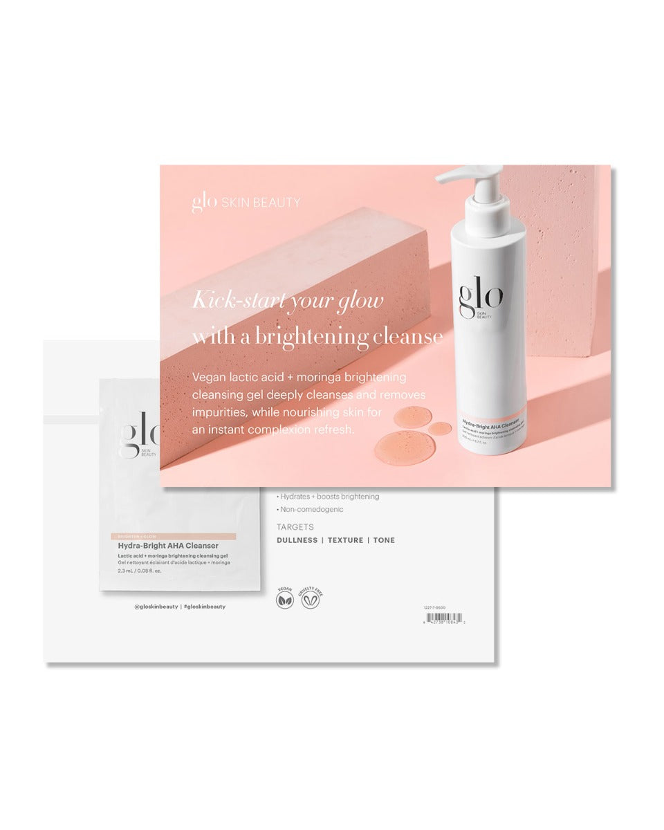 Front of Hydra-Bright AHA Cleanser sample card and bottle, brightening benefits, headline ‘Kick-start your glow’ on pink