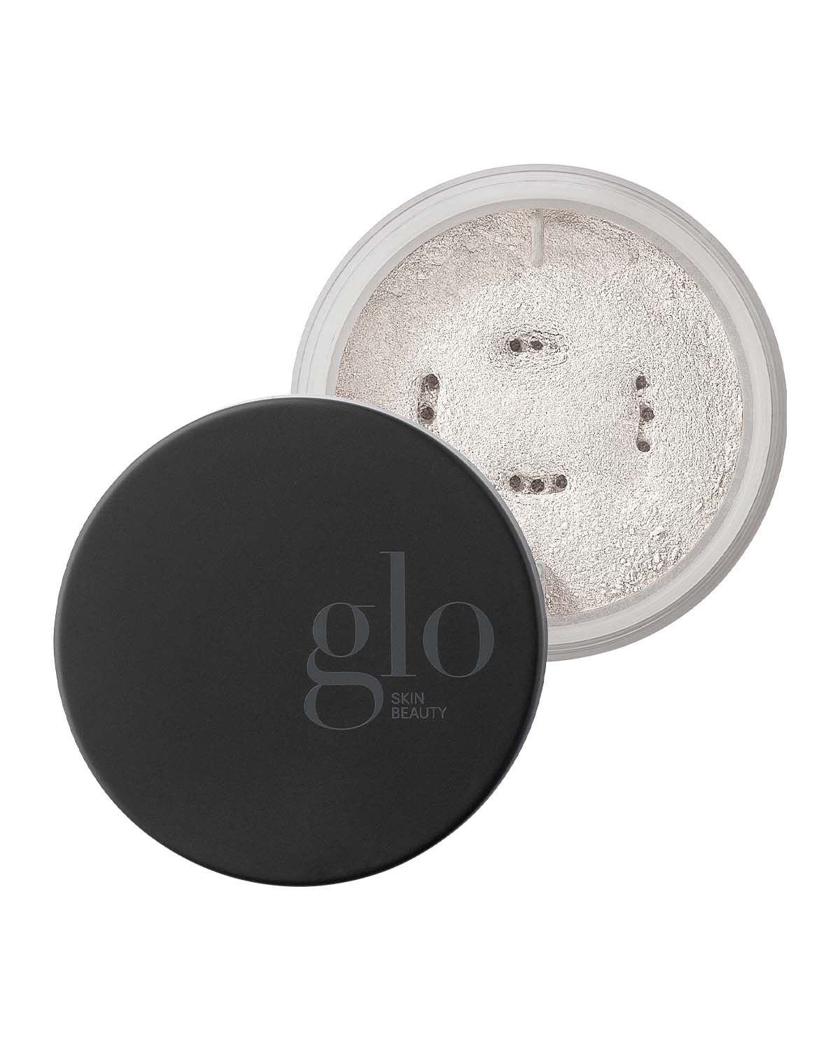 glo SKIN BEAUTY luminous setting powder compact, open jar showing sifter and black lid