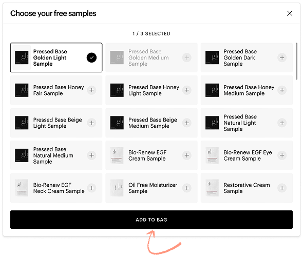 Choose your free samples modal showing sample options, 1 / 3 SELECTED, and ADD TO BAG button