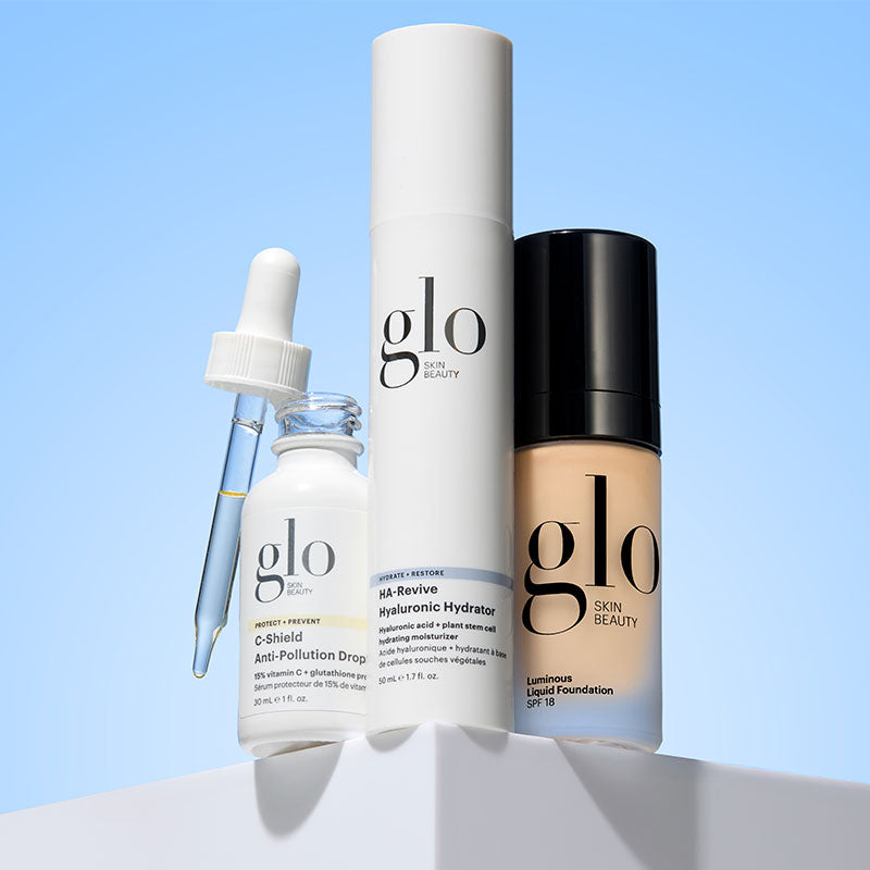 glo SKIN BEAUTY set: C-Shield Anti-Pollution Drop; HA-Revive Hyaluronic Hydrator; Luminous Liquid Foundation SPF 18